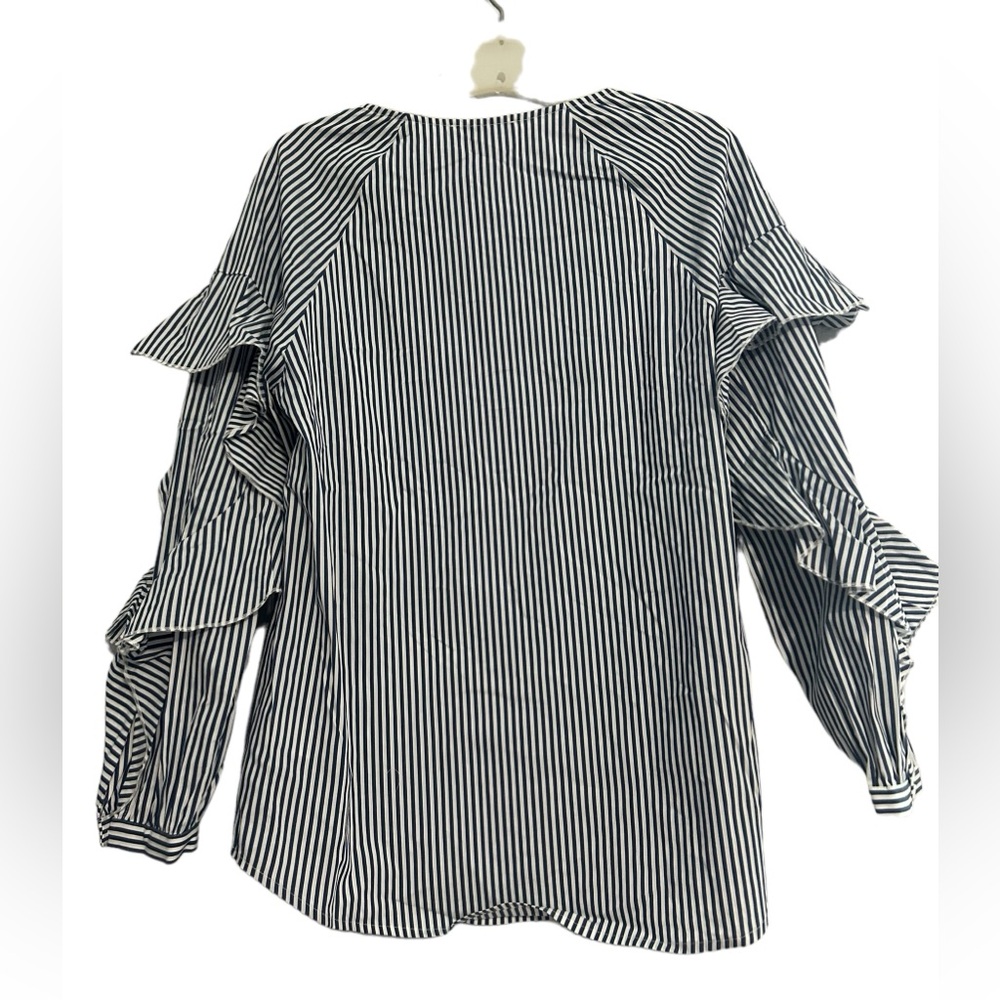 7 FOR ALL MANKIND Ruffle Long Sleeve Pinstriped Blouse Top NWT Size Small - Picture 2 of 9